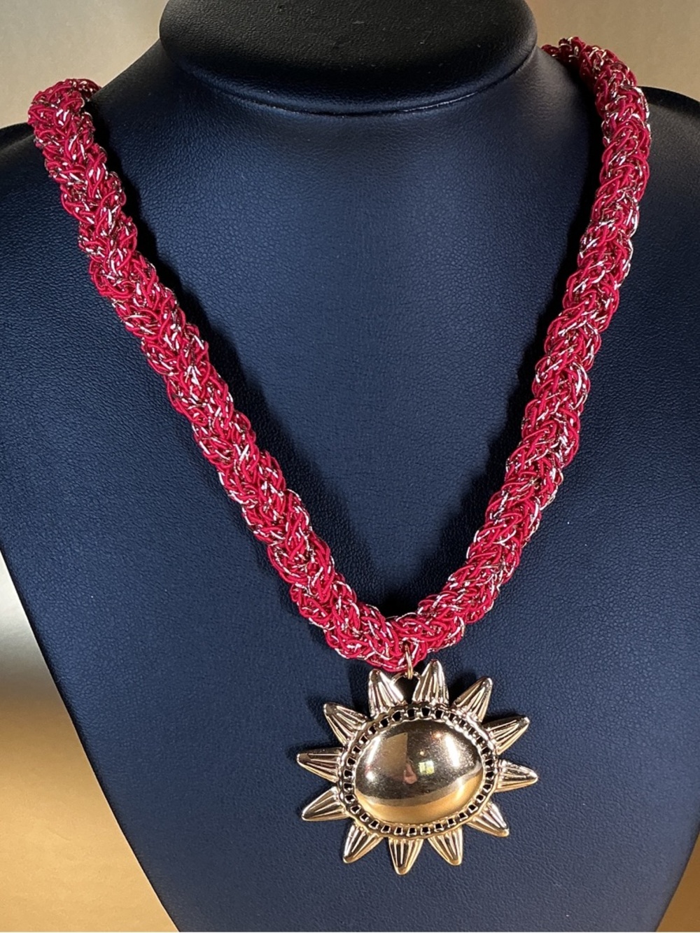 Braided Red Rope Necklace with Gold Sun Pendant by Mayamar